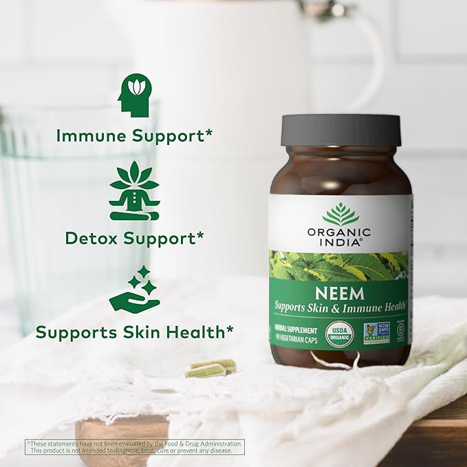 ORGANIC INDIA Neem Leaf Capsules, Herbal Supplement - Supports Skin, Immune, & Liver Health, Detox, Vegan, Gluten-Free, USDA Certified Organic - 180 Capsules