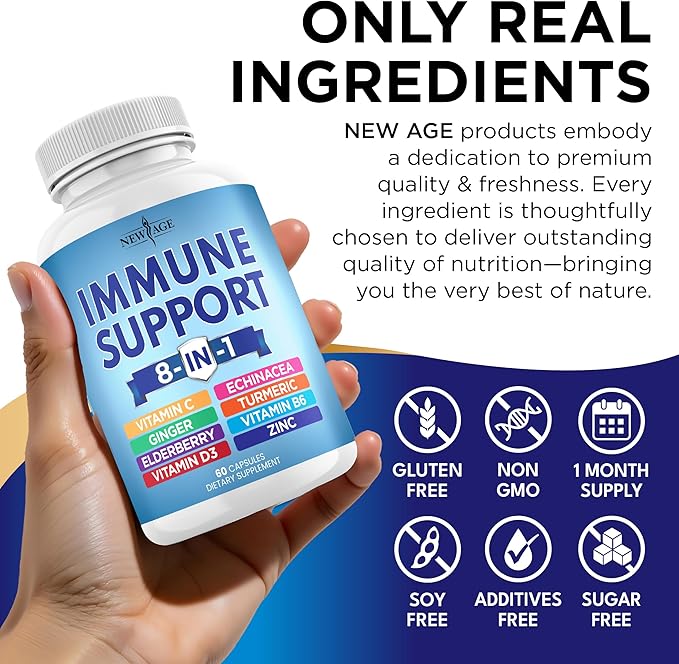 8 in 1 Immune Support Booster Supplement with Echinacea, Vitamin C and Zinc 50mg, Vitamin D 5000 IU, Turmeric Curcumin & Ginger, B6, Elderberry (8 in 1 Capsules (Pack of 3))