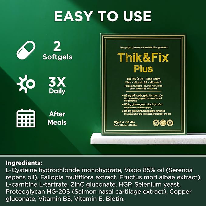 Thik&Fix Plus Natural Hair Nutrition Supplement for Men & Women with Saw Palmetto Oil, Vitamin B5 & E, Zinc, Biotin, Nourishes Scalp & Support Hair Growth for a Thicker, Fuller Look, 60 Softgels
