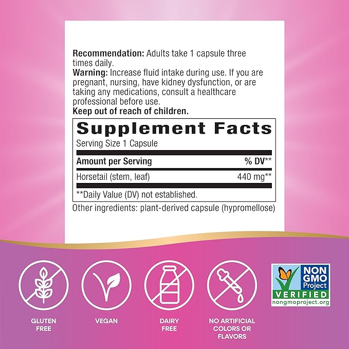 Nature's Way Horsetail Grass, Traditional Hair & Nail Support*, 440 mg per Serving, Non-GMO Project Verified, Vegan, 100 Capsules (Packaging May Vary)
