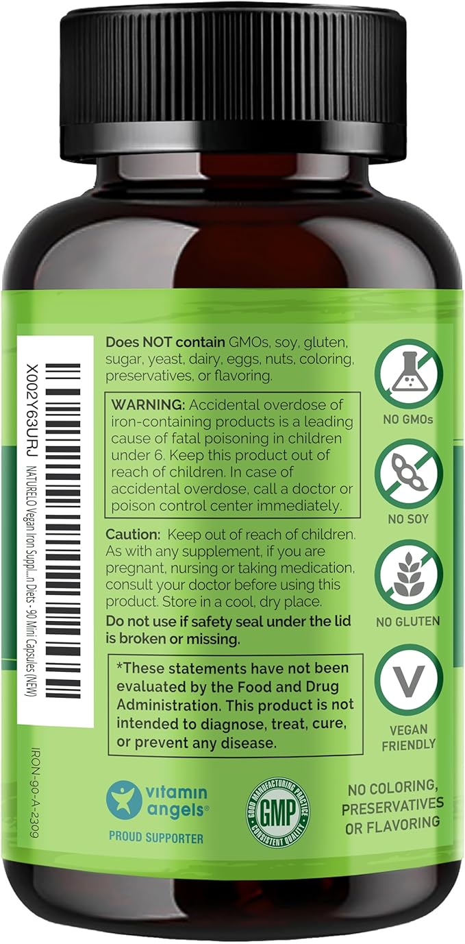 NATURELO Vegan Iron Supplement with Vitamin C and Organic Whole Foods - Gentle Iron Pills for Women & Men with Iron Deficiency Including Pregnancy, Anemia and Vegan Diets - 90 Mini Capsules