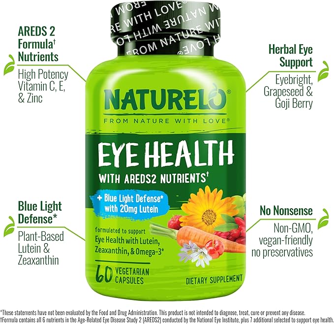 NATURELO Eye Vitamins - AREDS 2 Formula Nutrients with Lutein, Zeaxanthin, Vitamin C, E, Zinc, Plus DHA - Supplement for Dry Eyes, Healthy Vision, Eye Support - 60 Vegan Capsules