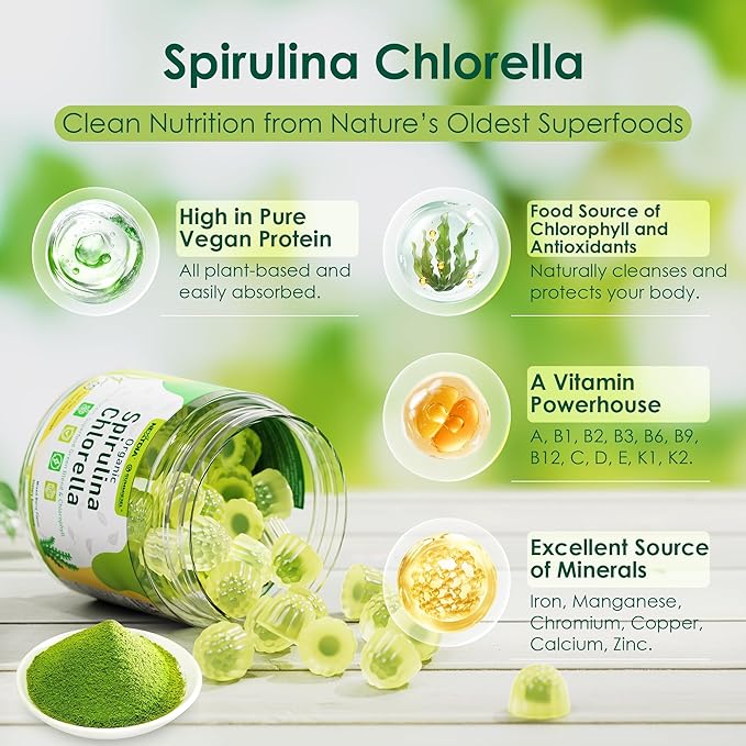Organic Spirulina Chlorella Gummies, Nutrient-Dense Superfood Rich in Vegan Protein, Super Greens & Chlorophyll + Vitamin C & D3, Zinc, B12 for Natural Energy, Powerful Antioxidants, Sugar Free,60 Cts