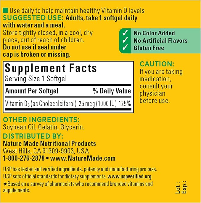 Nature Made Vitamin D3 1000 IU (25 mcg), Vitamin D Supplement for Bone, Teeth, Muscle and Immune Health Support, 100 Softgels, 100 Day Supply