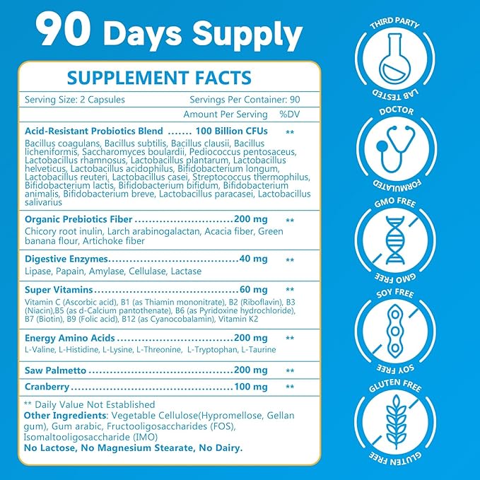 NATURE TARGET Probiotics for Men, 100 Billion CFUs Probiotics for Digestive Health with Enzymes & Prebiotics, 180 Veg Capsules, Mens Probiotic for Gut & Bloating, with Saw Palmetto for Prostate Health