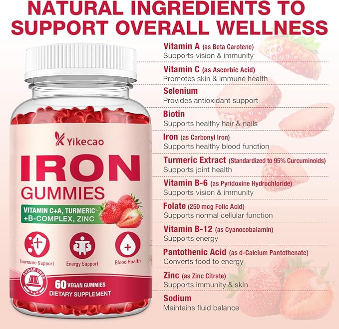 2 Pack Vegan Iron Gummies, Iron Supplement for Women & Men, with Vitamin C, A, B-Complex, Folate, Zinc, and Biotin, Strawberry Flavor, 120 Count