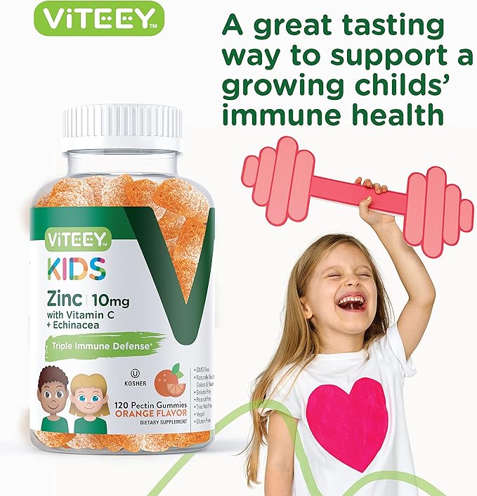 Viteey Zinc for Kids Gummies 10mg, with Vitamin C & Echinacea - Immune Support, Powerful Natural Antioxidant, Kids Zinc Vitamin Supplement - Vegan, Gelatin Free - Tasty Chewable Orange Flavor Gummy
