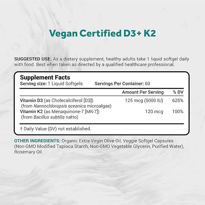 Vegan Vitamin D3 + K2 from Algae | 5000iu Vitamin D with 120mcg MK7 Vitamin K | Vegan Society Certified, Sustainably Sourced, Better Than Animal Derived | 60 Veggie Softgels
