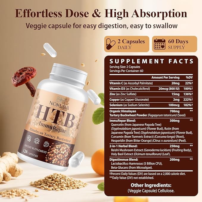 Himalayan Tartary Buckwheat Supplement with Quercetin, Zinc, Rutin, Vitamin C, D, Curcumin for Immune Support & Antioxidant & Gut Health - 120 Vegan Capsules