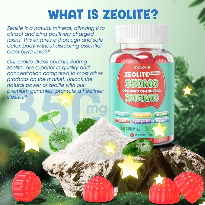 Zeolite Detox for Kids & Adults, 350mg Zeolite Gummies with 300mg Organic Chlorella, Glutathione, Probiotic & Vitamin D3, E, C, B6, B12 for Immune & Gut Support, Apple Gummies, 30 Serving