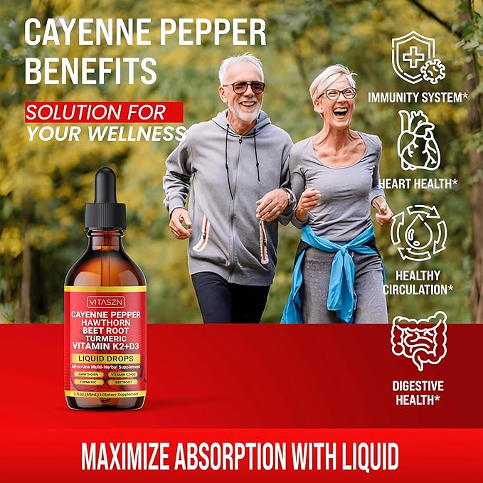 Cayenne Pepper Drops Liquid Supplement with Hawthorn Berry, Vitamin D3 + K2, Beet Root, Ceylon Cinnamon, Turmeric Curcumin, Panax Ginseng & Berberine Vegan-Friendly, Easily Absorbed 2oz - 60ml