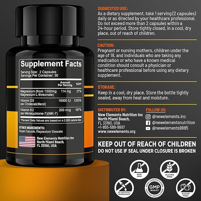 Magnesium L-Threonate 1500mg with Vitamin D3 10,000 IU & K2 MK-7 β Brain, Focus & Bone Support β 60 Vegan Capsules β High Absorption, Non-GMO