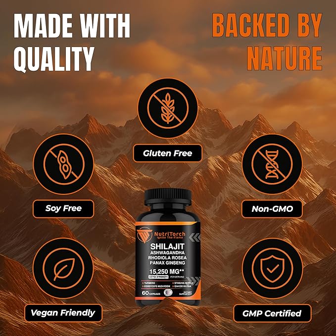 Shilajit Capsules - Supplement with Ashwagandha, Rhodiola Rosea, Panax Ginseng, Turmeric, Cordycep Mushrooms, Ginkgo Biloba - 15250Mg - 60 Capsules