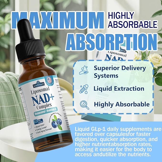 Liposomal NAD+ Liquid Drops, 8-in-1 NAD⁺ Nicotinamide Riboside Resveratrol 900mg w. Quercetin & Urolithin A | Fast Absorption NAD+ Supplement with CoQ10, ALA| Cellular Energy, Anti-Aging, Vitality