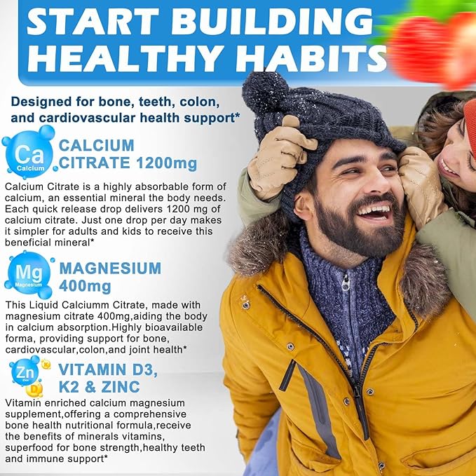 Calcium Citrate Supplement,1200mg Calcium with Vitamin D3 Drops for Bone,Teeth,Colon,Cardiovascular Health,High Absorption Liquid Calcium Magnesium Citrate 400mg Plus Zinc Vitamin K2,Vegan,30 Servings