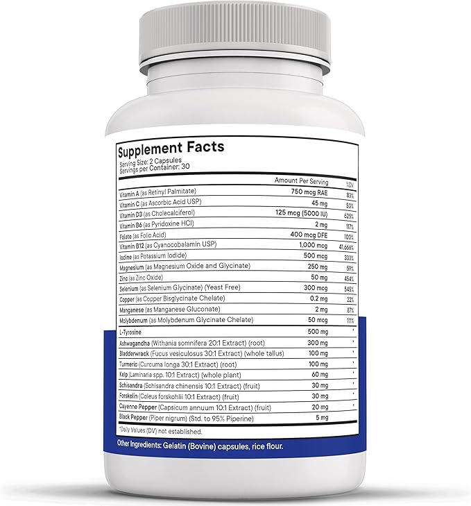 Thyroid Support Supplement for Women & Men with Iodine, B12, Zinc, Selenium, Ashwagandha, Bladderwrack, Turmeric, Schisandra - Non-GMO, Vegetarian - 180 Count