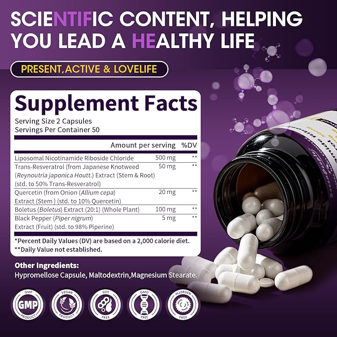 NAD+ Supplement for Women - Liposomal NAD Supplement Nicotinamide Riboside with Resveratrol & Quercetin | NAD Plus Boosting Cellular Energy/Anti-Aging Support | 100 Vegan Capsules