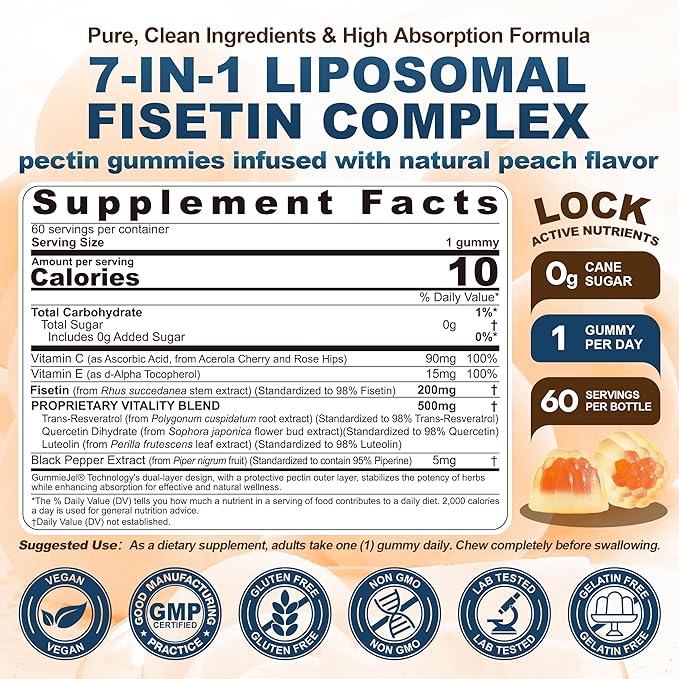 Liposomal Fisetin Complex Gummies - Healthy Aging & Cellular Renewal Support - 98% Purity Fisetin Supplement w/Trans-Resveratrol, Quercetin, Luteolin, Vitamin C & E, 1-A-Day, Vegan 120 Servings