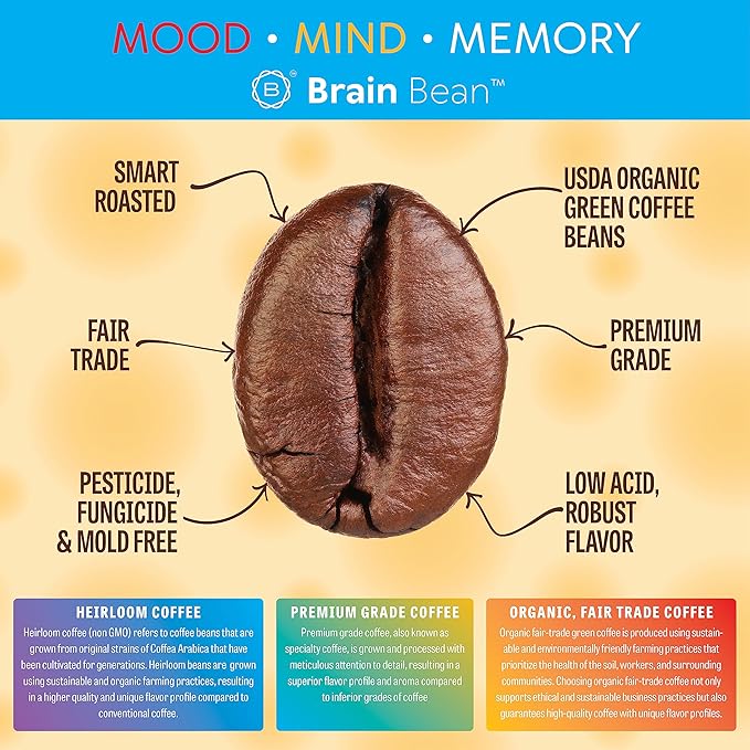 Brain Bean Organic Coffee โ Smooth Taste & Rich Medium Roast โ High Antioxidant & USDA certified organic for Cognitive Support, Mood Enhancement & Toxin Removal - Whole Bean Coffee โ 16 oz (3-Pack)