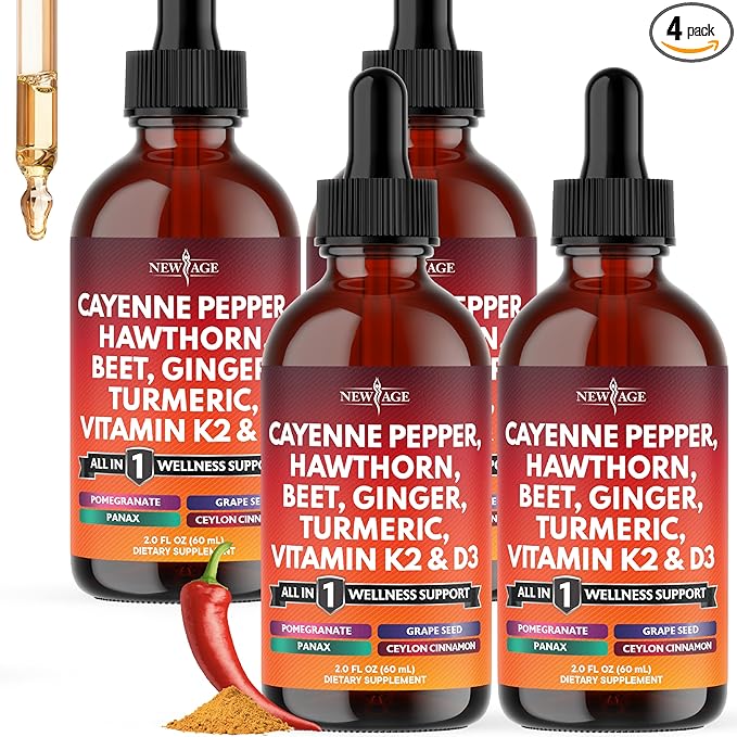 Cayenne Pepper Supplement Liquid Drops + Hawthorn Berry, Vitamin D3 K2 Beet Root Powder, Ceylon Cinnamon, Turmeric Curcumin, Organic Panax Ginseng - 8 oz