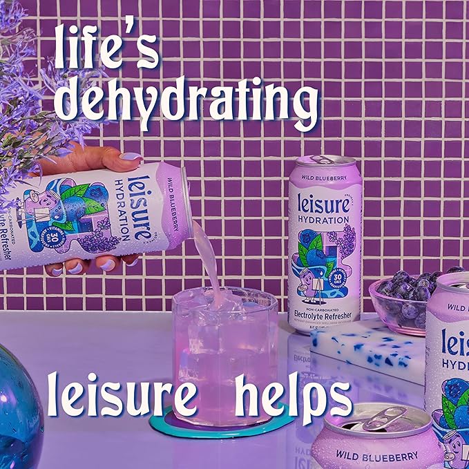 Leisure Hydration Non-Carbonated Electrolyte Refresher, Wild Blueberry Flavor - Low Sugar Nutrient Enhanced Water Beverage - Get The Best Hydration Packed w/ Magnesium & Ashwagandha For Mood & Stress Support, Non-GMO, 16 oz (12-Cans)
