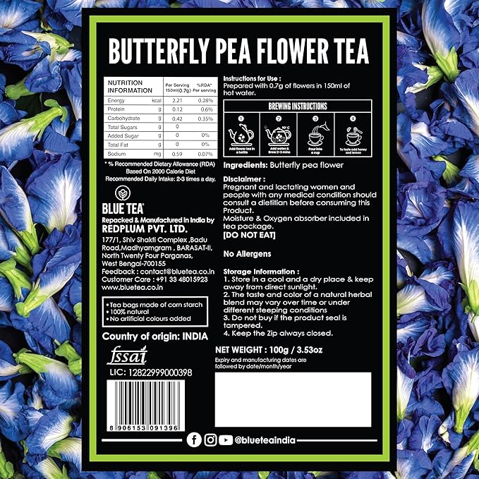 BLUE TEA - Butterfly Pea Flower Tea - 3.52 Oz (300+ Cups) Loose | Antioxidant Rich | Chemical Free - Caffeine Free - Detox Tea - Flower Based - Non Bitter | Zipper Packaging