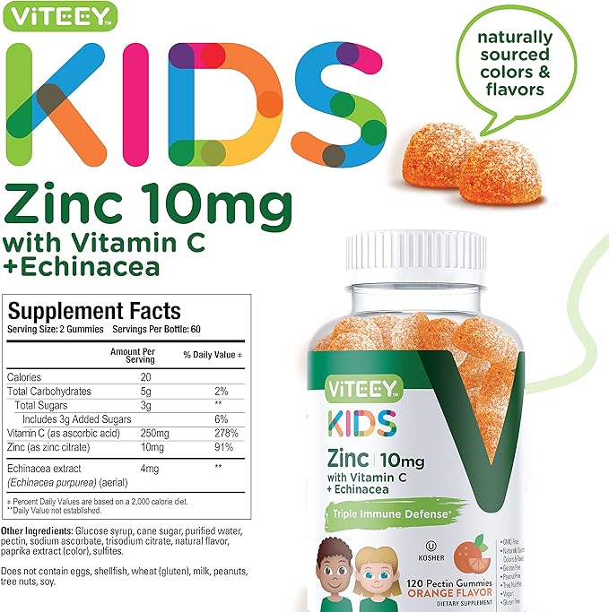 Viteey Zinc for Kids Gummies 10mg, with Vitamin C & Echinacea - Immune Support, Powerful Natural Antioxidant, Kids Zinc Vitamin Supplement - Vegan, Gelatin Free - Tasty Chewable Orange Flavor Gummy