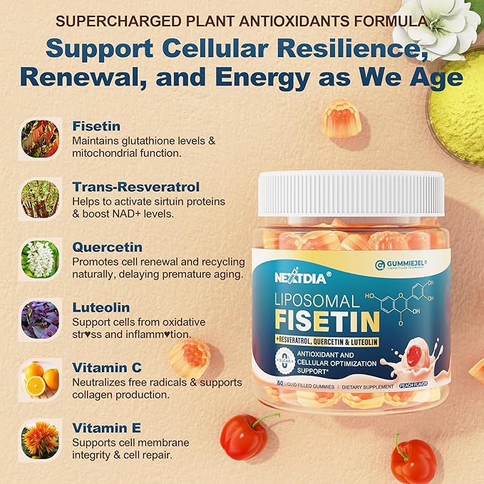 Liposomal Fisetin Complex Gummies - Healthy Aging & Cellular Renewal Support - 98% Purity Fisetin Supplement w/Trans-Resveratrol, Quercetin, Luteolin, Vitamin C & E, 1-A-Day, Vegan 120 Servings