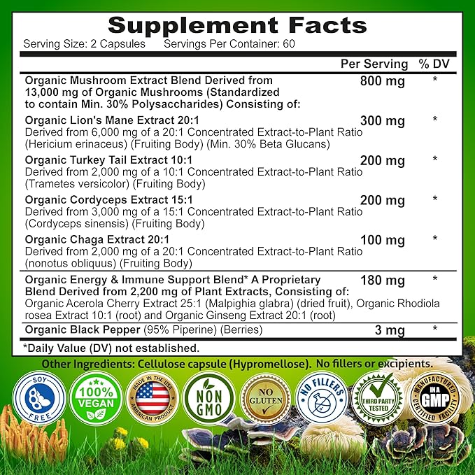 Organic Mushroom Complex: Lion's Mane, Turkey Tail, Cordyceps, Chaga, Contains Naturally Occurring Beta Glucans - Organic Energy & Immune Support Blend: Rhodiola Rosea, Ginseng & Acerola Cherry 120Ct