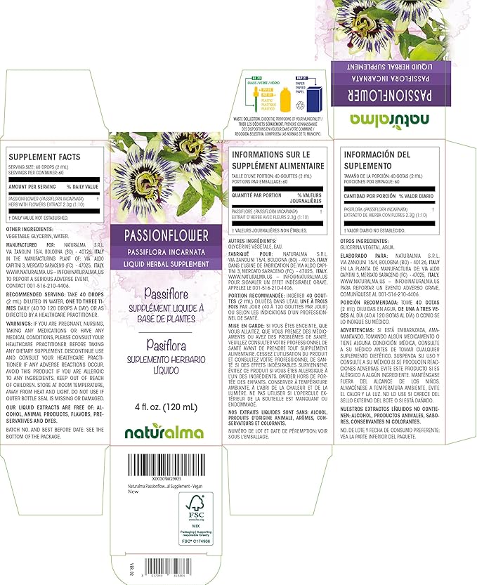 Naturalma Passionflower (Passiflora incarnata) herb with Flowers Alcohol-Free Tincture - 4 fl oz Liquid Extract in Drops - Herbal Supplement - Vegan