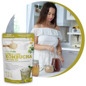 Essenzefruits Lemon Lime Ginger Kombucha Powder Tea Mix Beverage - Sugar Free, Fermented & Dried - Just Add Water! Live Probiotics & Prebiotic Blend, Vitamin C - Makes up to 30 Cups (8 Oz, 226g)
