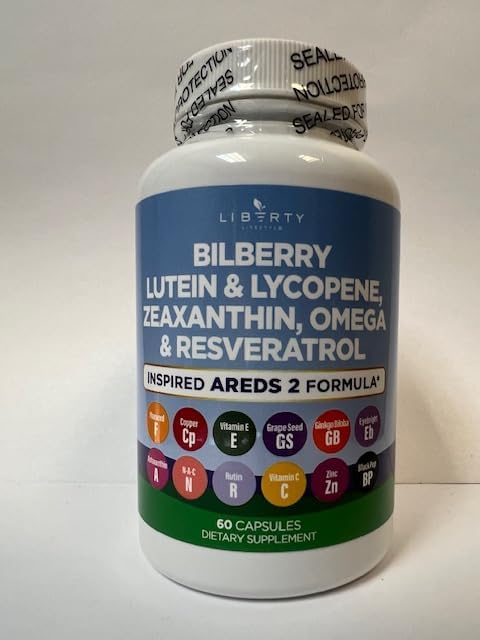 Eye Health Vitamins with Bilberry, Lutein & Zeaxanthin, Lycopene, Resveratrol, Grape Seed Extract, Flaxseed Astaxanthin- AREDS 2-120 Capsules