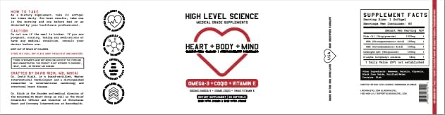 High Level Science CoQ10, Omega-3, Vitamin E, Cardiologist Formulated for Heart + Body + Mind Health, DHA/EPA, Antioxidant for Energy, Superior Bioavailable Fish Oil, Gluten Free, 60 Softgels - 2 Pack