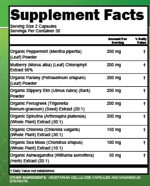 Clean Nutra Chlorophyll Peppermint Slippery Elm Spirulina Chlorella Fenugreek Ashwagandha Sea Moss Supplement – Ph Balance for Women Detox Internal Deodorant Supplements + Prebiotics 60 Vegan Capsules