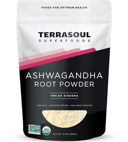 Terrasoul Superfoods Organic Ashwagandha Root Powder, 1 Lb - Stress Adaptogen | May Improve Sleep | Lab-Tested for Quality
