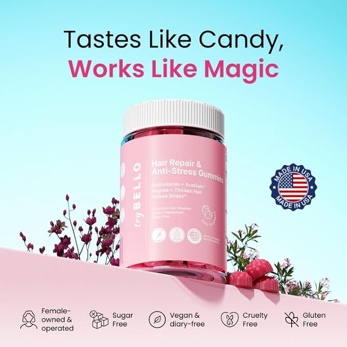 Anti-Stress & Hair Growth Gummies for Women | Sugar-Free, Vegan Hair Supplements | Gluten-Free, Soy-Free, Dairy-Free Gummy Vitamins for Thicker, Healthier Hair | 30 Servings