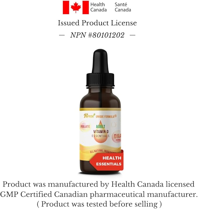 Adults Health Essentials Drops - Liquid DHA Omega 3, Natural Vitamin D3 1000 IU, Folate Supplement, Supports Heart, Brain, Eyes & Joint Health Supplement for The Whole Family