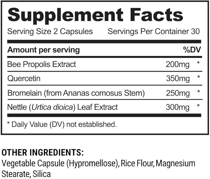 Beekeeper's Naturals All Natural Sinus Support for Adults, Seasonal Nasal Care Relief with Propolis, Quercetin, Bromelain, Nettle Leaf, & Vegan Capsule, Blocks or Suppresses Histamine, 60 ct