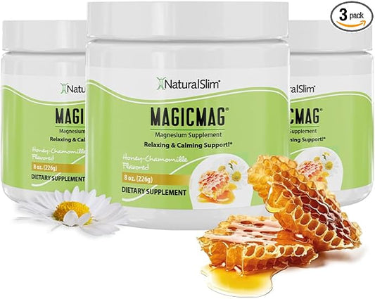 NaturalSlim Magicmag Pure Magnesium Citrate Powder Stress, Constipation, Muscle, Heart Health, and Sleep Support | Honey Chamomile Flavored Magnesium Supplement - 8oz Drink Mix (3 Pack)