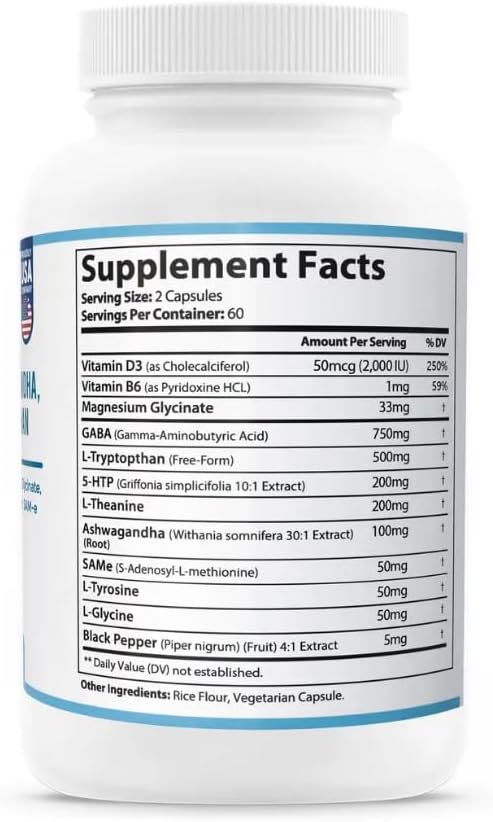 GABA L-Theanine Supplements with Magnesium Glycinate, Ashwagandha, Same, 5-HTP and L-Tryptophan, 12 in 1 Supplements, 120 Capsules, 2000 mg