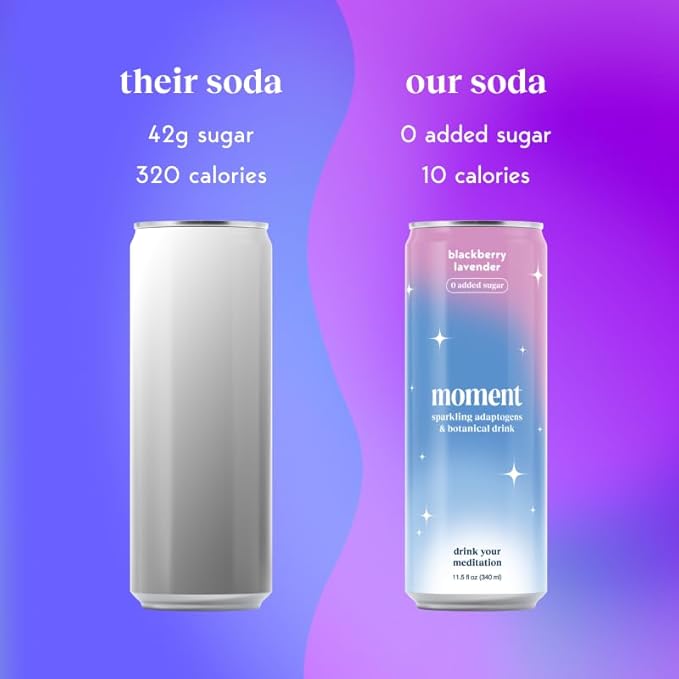 Moment Botanical Soda Soft Drink (Shark Tank) - SPARKLING Drinks | Fruity Fun | L-Theanine & Ashwagandha for Calm & Clarity | 0 Added Sugar 0 Caffeine | 24-pack