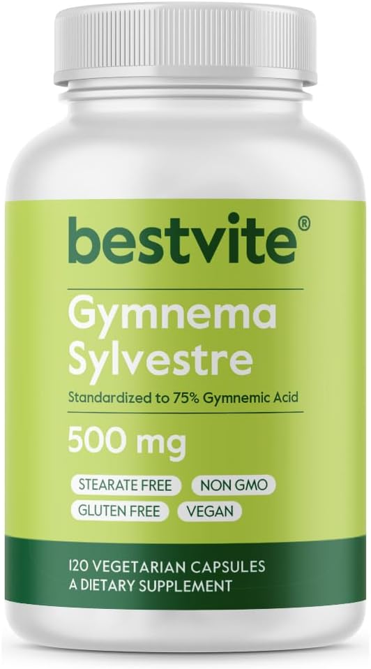BESTVITE Gymnema Sylvestre 500mg (120 Vegetarian Capsules) - Standardized to 75% Gymnemic Acid - No Stearates - No Fillers - No Flow Agents- Vegan - Non GMO - Gluten Free