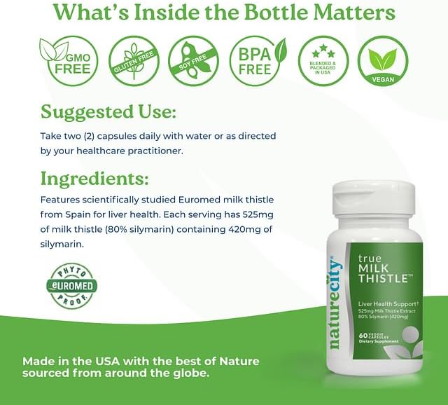 NatureCity TrueMilkThistle | Milk Thistle Supplement 525mg | Milk Thistle (80% silymarin) containing 420mg of Silymarin | Antioxidant Support | Liver Support Supplement | 60 Veggie Capsules