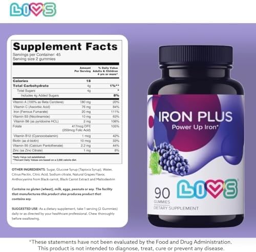 Iron Gummies with Vitamin C for Women, Men & Kids | Chewable Supplement as Gummy with Vitamin B12, B3,B5,B6, Folate & Zinc | Energy Support, Non GMO & Gluten Free | 20mg Iron/Dose -180 Count
