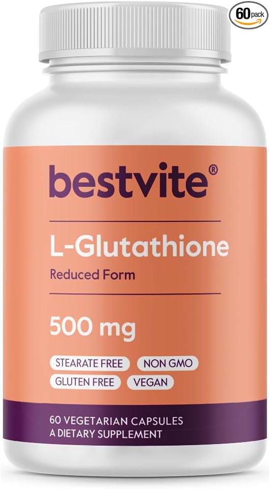 BESTVITE L-Glutathione 500mg (60 Vegetarian Capsules) - No Stearates - Vegan - Non GMO - Gluten Free