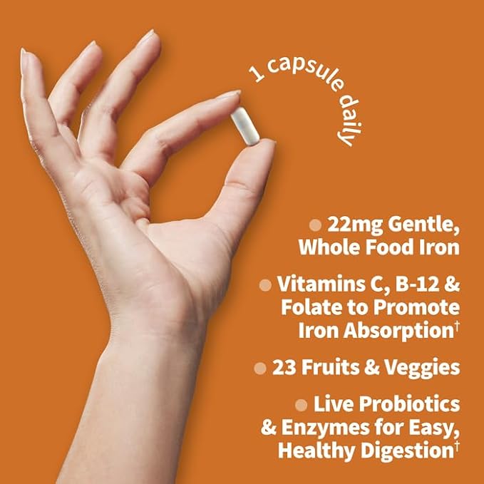 Garden of Life Vitamin Code Raw Iron Supplement - 30 Vegan Capsules, 22mg Once Daily Iron, Vitamins C, B12, Folate, Fruit, Veggies & Probiotics, Iron Supplements for Women, Energy & Anemia Support