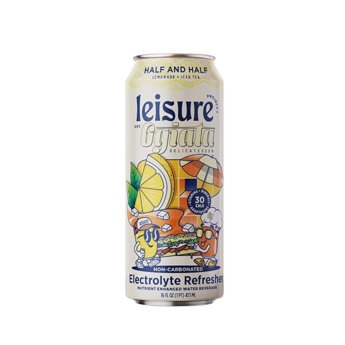 Leisure Hydration - Half and Half with Ggiata Delicatessen [Electrolyte Refresher - 16oz Cans, 12pk] - Half Lemonade Half Black Tea Hydration Drink, Packed w/ Magnesium & Ashwagandha For Mood & Stress Support