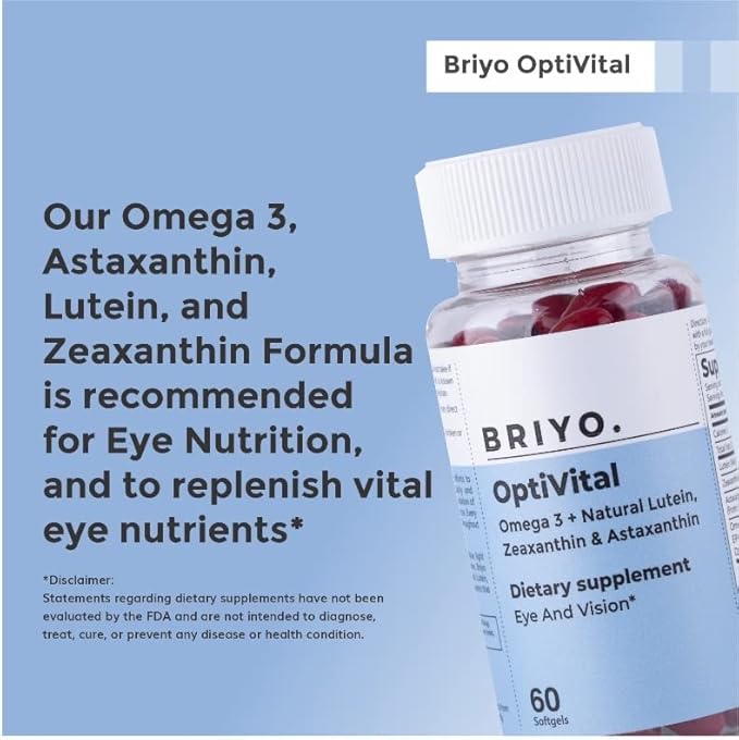 Briyo Optivital Eye Health Supplement with Lutein, Zeaxanthin, Astaxanthin and Omega 3 – Supports Visual Clarity, Screen Fatigue Relief and Long Term Retinal Health – One a Day, 60 Softgels