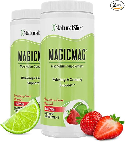 NaturalSlim Magicmag Pure Magnesium Citrate Powder – Stress, Constipation, Muscle, and Heart Support | Natural Strawberry & Lime Flavored Magnesium Supplement - 8oz Drink Mix (2 Pack)