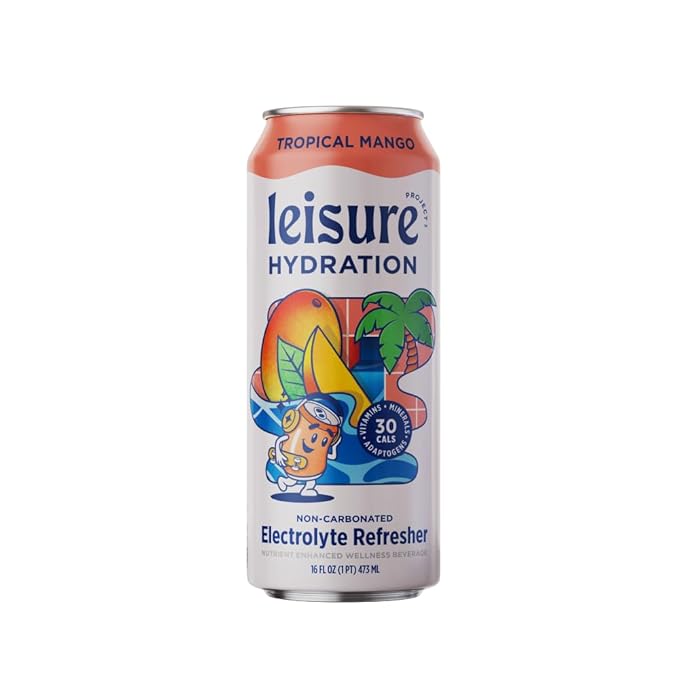 Leisure Hydration Non-Carbonated Electrolyte Refresher, Tropical Mango Flavor - Low Sugar Nutrient Enhanced Water Beverage - Get The Best Hydration Packed w/ Magnesium & Ashwagandha For Mood & Stress Support, Non-GMO, 16 oz (12-Cans)